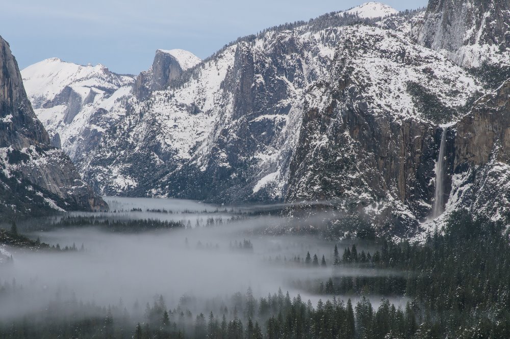 Yosemite, Valley, Fog, Half Dome, Bridalveil Falls